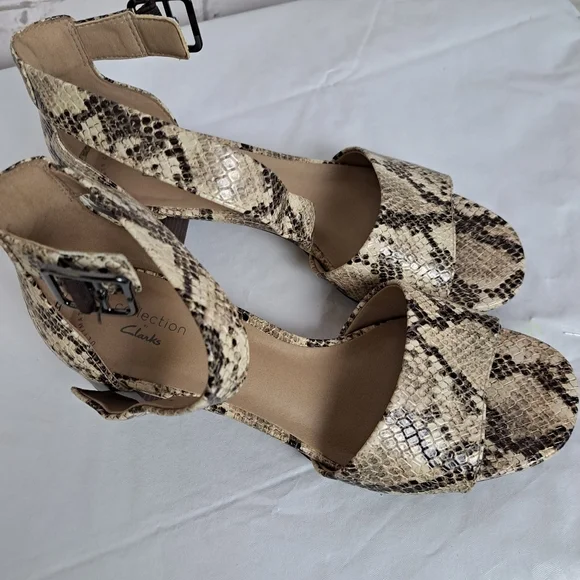Clarks Snake Print Ankle Strap Block Heel Sandals — Beige/Brown - Picture 3 of 9